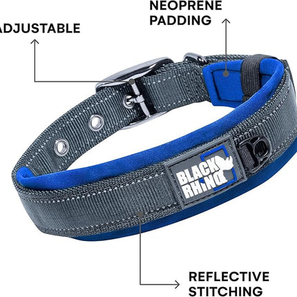 Black Rhino Reflective Dog Collar - Heavy Duty Adjustable Comfort Collar with Ultra Soft Neoprene Padding for All Breeds - Weatherproof, Lightweight Dog Collars for Large Dogs (Large, Blue/Grey)