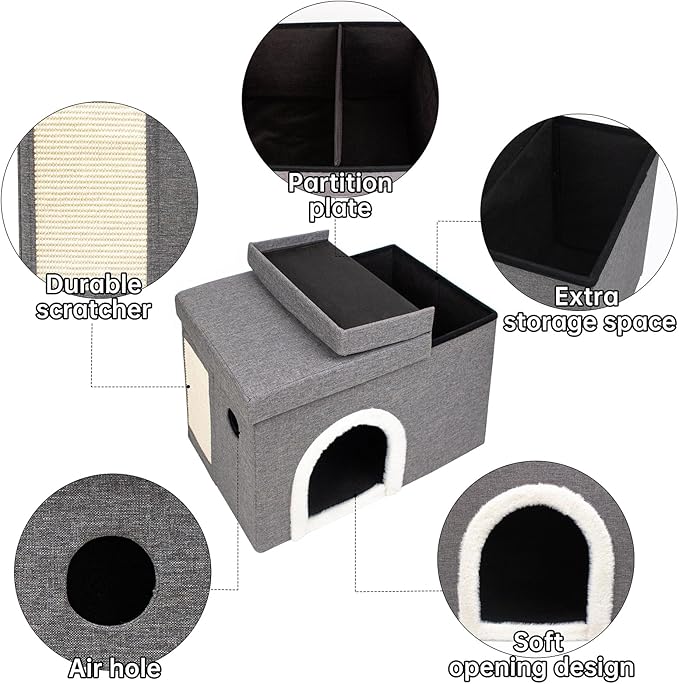 CAROLMADE Cat Beds for Indoor Cats, Collapsible Cat House with Storage Space & Scratch Pad Cat Cave for Small Pet Under 20 Lbs
