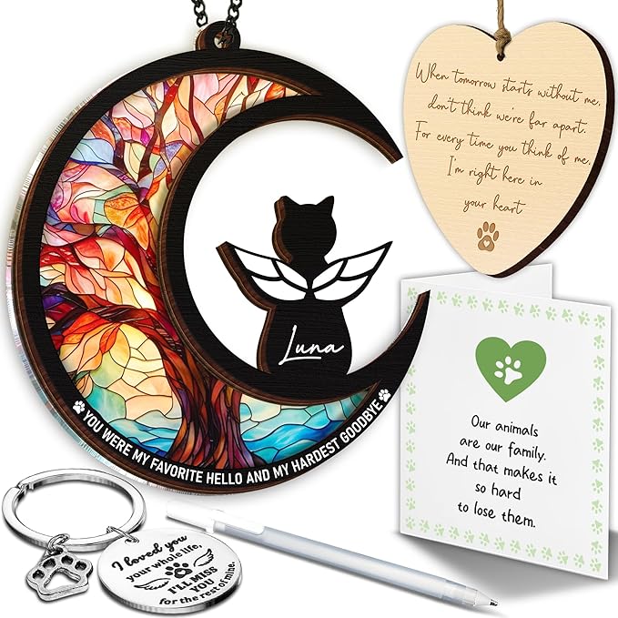6" Cat Angel Memorial Suncatcher, Engraved Pet Memorial Ornament, Pet Sympathy Keychain, Loss of Animal Sympathy Card, Rainbow Bridge Cat Loss Gift, My Favorite Hello Hardest Goodbye PS191