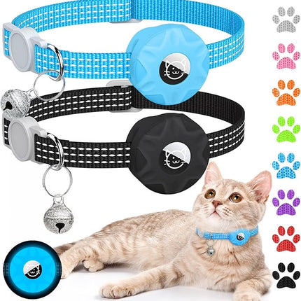 Apple AirTag Cat Collar, GPS Tracker with Reflective Breakaway Design, Lightweight Kitten Collar with Bell (Black/Luminous Blue)
