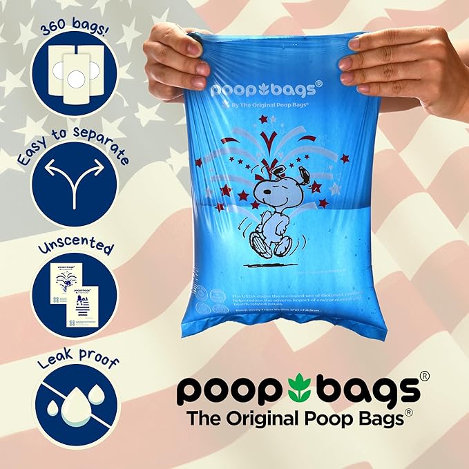 The Original Poop Bags® USDA Certified 38% Plant-Based Dog Poop Bags, Peanuts Snoopy Americana Design, Leak-Proof & Strong, Unscented, 24 Rolls (360 Bags)
