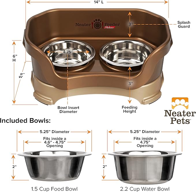 Neater Pet Brands Neater Feeder Deluxe Mess Proof Dog Bowls Elevated for Small Dogs Under 19 lbs, Made in USA, No Spill Raised Dog Food Bowl Stand Feeding Station, Food and Water Bowl Set, Bronze