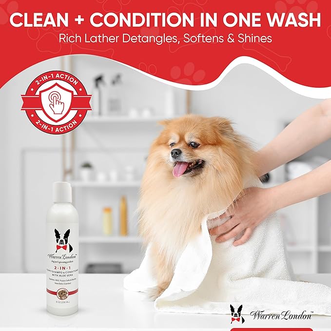 Warren London 2-in-1 Puppy Shampoo & Conditioner 8 oz | Tearless Baby-Powder Scent | Moisturizing Aloe & Shea Butter Formula for Puppies, Dogs & Cats | pH-Balanced, Cruelty-Free, Made in USA