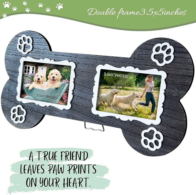 Dog Memorial 3.5x5 Inches Bone Shaped Double Picture Frame - Pet Passing Away Sympathy Gift with Paw Print - Bereavement Sympathy Decor for Loss of Dog