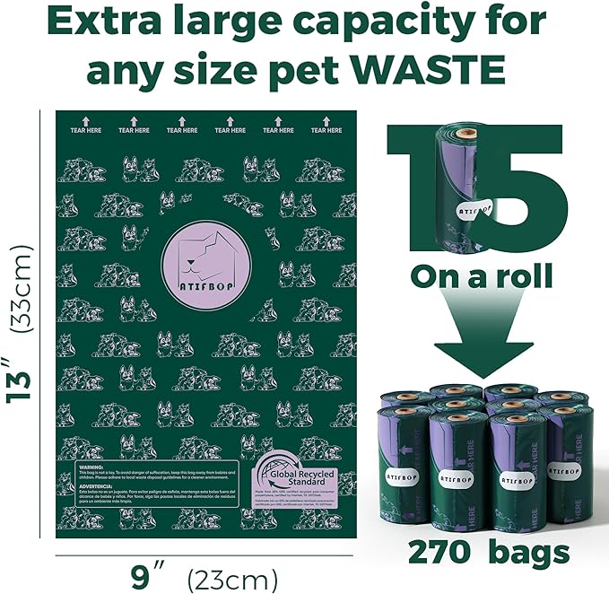 Dog Poop Bags Rolls, Extra Thick and Leak-proof Poop Bag for Dogs, 270 Bags 18 Refill Rolls, Scented Waste Bag for Dog and Cat, Made form 65% Recycled Plastics