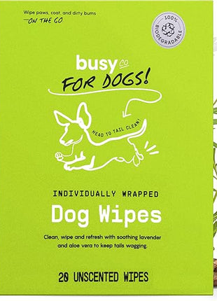 Busy Co. - Hypoallergenic Dog Wipes, Cleaning and Odor Control Grooming Wipes for Paws, Body, and Butt, Perfect for Puppy and Adult Dogs, Individually Wrapped, Unscented (Unscented, 20 Grooming Wipes)