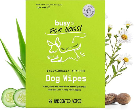 Busy Co. - Hypoallergenic Dog Wipes, Cleaning and Odor Control Grooming Wipes for Paws, Body, and Butt, Perfect for Puppy and Adult Dogs, Individually Wrapped, Unscented (Unscented, 20 Grooming Wipes)