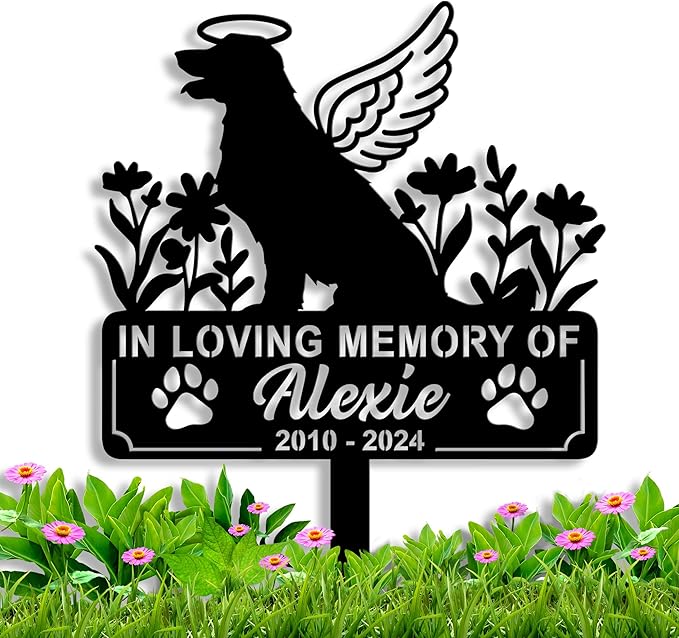 Personalized Dog Memorial Grave Marker, Custom Pet's Name Cemetery Decorations for Funerary, Metal Dog Burial Garden Stake, Outdoor Sympathy Angel Handstone Stake Plaque Gift for Loss