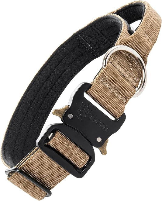 TSPRO Premium Dog Collars Tactical Dog Collar with Handle and Heavy Duty Quick-Release Metal Buckle Durable Thick and Adjustable for Medium to Large Dogs (Khaki M)