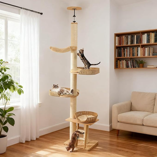 Floor to Ceiling Cat Tree with Scratching Posts, Adjustable Height(77-105 Inches), Corner Tall Cat Tower with Woven Condos & Ladder, Large Sturdy Cat Tower for Indoor Cats