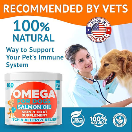 Omega 3 Fish Oil for Dogs (360Ct Peanut) - Skin&Coat Chews - Dry & Itchy Skin Relief + Allergy Support - Shiny Coat - EPA&DHA Fatty Acids - Salmon Oil Chews Promotes Heart Support