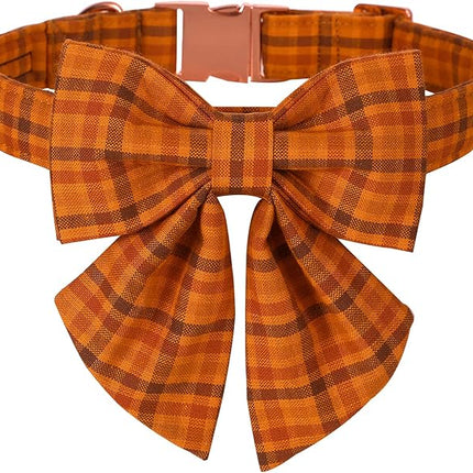 Maca Bates Fall Pumpkin Plaid Dog Collar with Sailor Bow Tie for Medium Girl,Boy,Autumn Checkered Puppy Collars with Bowtie,Halloween Gingham Print Adjustable Breakaway Soft for Male Female Dogs