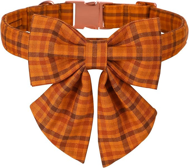 Maca Bates Fall Pumpkin Plaid Dog Collar with Sailor Bow Tie for Extra Small Girl,Boy,Autumn Checkered Puppy Collars with Bowtie,Halloween Gingham Print Adjustable Breakaway Soft for Male Female Dogs