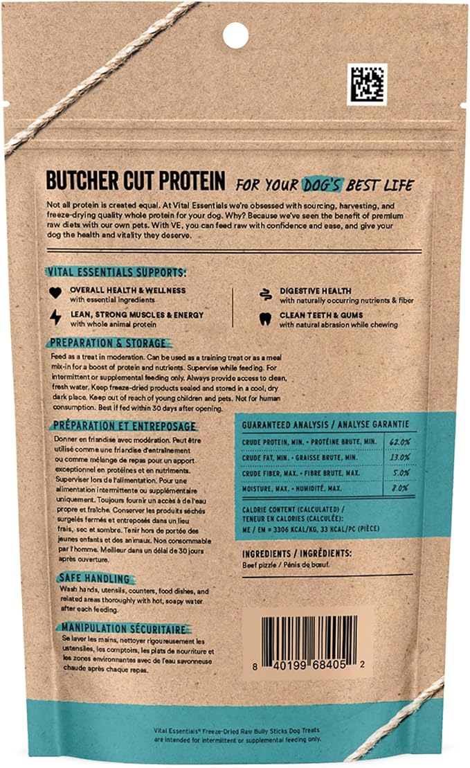 Vital Essentials Bully Sticks Dog Treats, 1.4 oz | Freeze-Dried Raw | Single Ingredient | Premium Quality High Protein Training Treats | Grain Free, Gluten Free, Filler Free