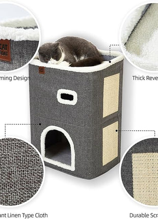 CATBOAT 2-Storey Cat House for Indoor Cats Bed, Covered Beds & Furniture with Scratch Pad and Hideaway Cave, Cute Modern Condo for Multi Small Pet Large Kitten Kitty, Grey
