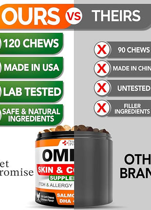 Omega 3 for Dogs - Skin and Coat Supplement - Fish Oil for Dogs Chews - Allergy and Itch Relief - Anti Shedding Supplement - Dry Skin Treatment - Salmon Oil - Made in USA - 120 Soft Treats