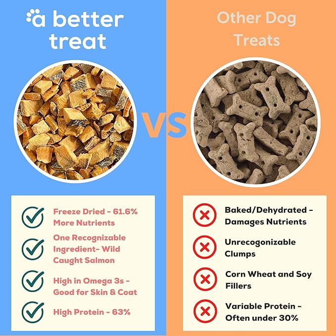 A Better Treat New Freeze Dried Salmon Dog Treats, Wild Caught, Single Ingredient | Natural High Value | Gluten Free, Grain Free, High Protein, Diabetic Friendly | Natural Fish Oil | Made in The USA