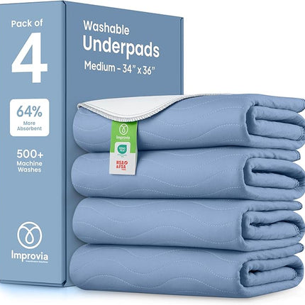 IMPROVIA® Washable Underpads, Heavy Absorbency Reusable Incontinence Pads for Kids, Adults, Elderly, and Pets, Waterproof Protection Floor (Blue, 34"x36" (Pack of 4))