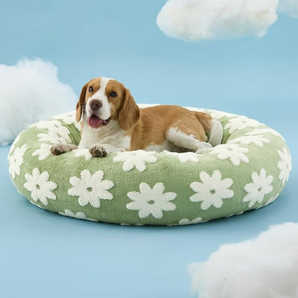 LE SURE Donut Dog Beds Large Sized Dog - Round Pet Beds for Calming Puppy with Washable Cover, Orthopedic Modern Beds with Jacquard Shaggy Plush & Anti Slip Bottom, 33 Inch，Green