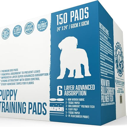 Puppy Pee Pads with Adhesive Sticky Tape (24x24) Large Premium Dog Pads - 6 Layer Dog Training Pads and Pet Wee Pads with Quick-Dry Bullsorbent Tech (300-Count, White)