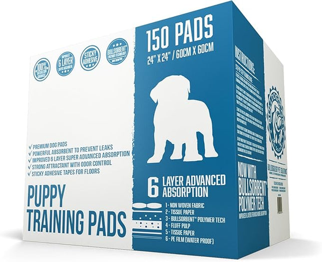 Puppy Pee Pads with Adhesive Sticky Tape (24x24) Large Premium Dog Pads - 6 Layer Dog Training Pads and Pet Wee Pads with Quick-Dry Bullsorbent Tech (300-Count, White)