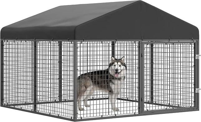 Large Outdoor Dog Enclosure,Heavy Duty Dog Cage with Roof,Galvanized Steel Dog Kennel Fence with Double Safety Locks(79”W x 79”D)