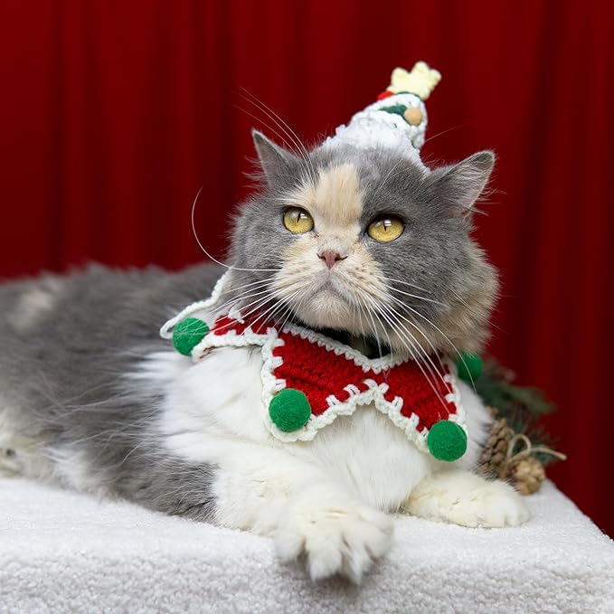 Christmas Cat Costume,Handmade Dog Outfit with Christmas Tree Cat Hat,Knitted Dog Bandana,Adjustable Fit Five-Pointed Star Clothes,Gifts for Dogs