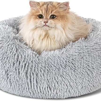 Dog Calming Beds for Small Medium Dogs - Round Donut Washable Dog Bed, Anti-Slip Faux Fur Fluffy Donut Cuddler Anxiety Cat Bed(16" Light Grey)