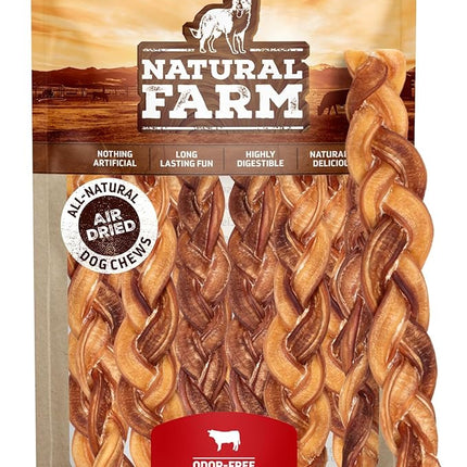 Natural Farm Odor-Free Braided Bully Sticks (12 Inch, 10 Pack) - 100% Grass-Fed Beef, Grain-Free, Low Fat & Fully Digestible Best Dental Treats - Safest Long Lasting Pizzle Chews to Keep Your Dog Busy