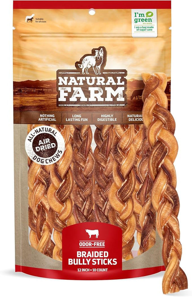 Natural Farm Odor-Free Braided Bully Sticks (12 Inch, 10 Pack) - 100% Grass-Fed Beef, Grain-Free, Low Fat & Fully Digestible Best Dental Treats - Safest Long Lasting Pizzle Chews to Keep Your Dog Busy