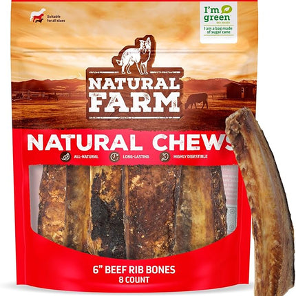 Natural Farm Rib Bones for Dogs (6 Inch, 8 Pack) - Beef Ribs for Dogs, Farm-Raised Cattle - Slow-Roasted Flavor - Low Odor for Indoor, Outdoor Chewing - Promotes Dental Health