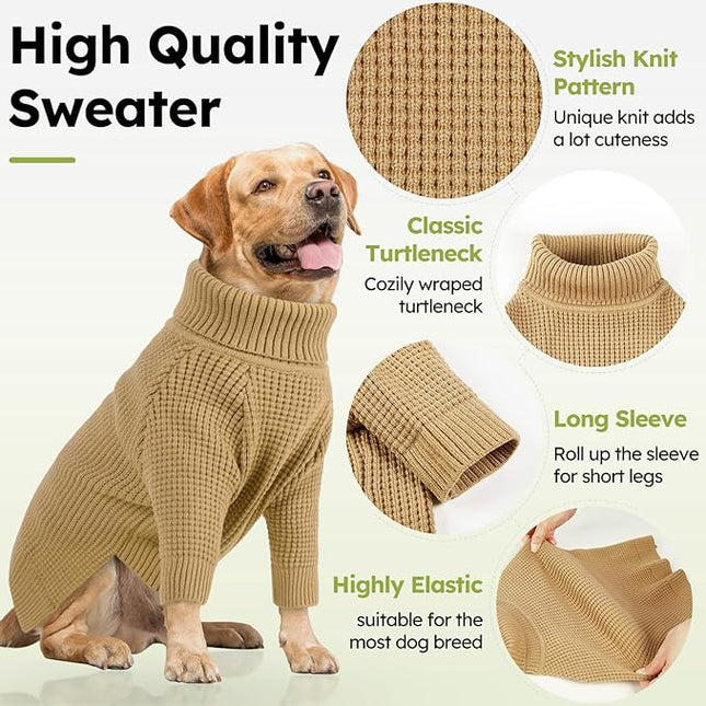 Queenmore Turtleneck Long Sleeve Knitted Sweater with Check Pattern, Warm Dog & Cat Sweater for Small to 3XL, Brown