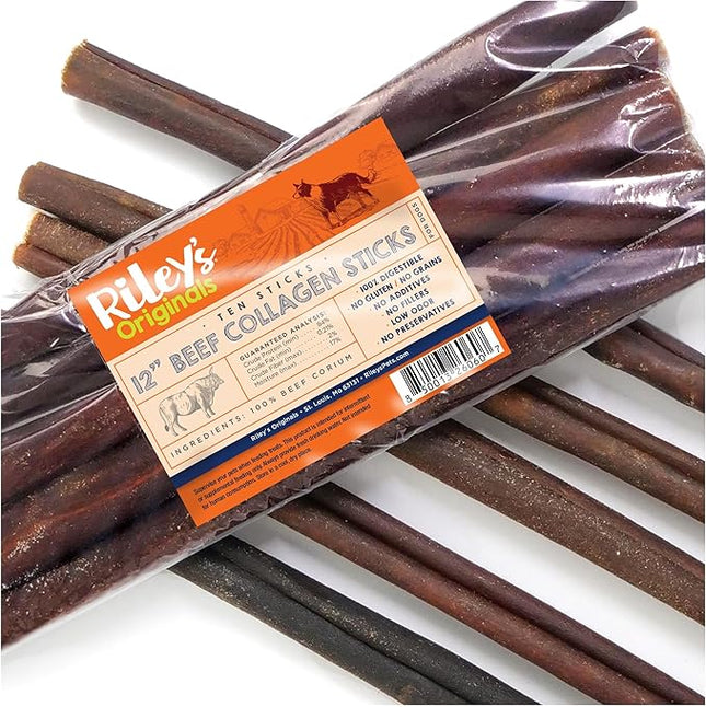 Riley's 12 Inch Beef Collagen Sticks for Dogs, Collagen Chews for Dogs, Bully Stick & Rawhide Alternative, Long Lasting, No Raw Hide Chews, Single Ingredient Dog Treat- 10 ct