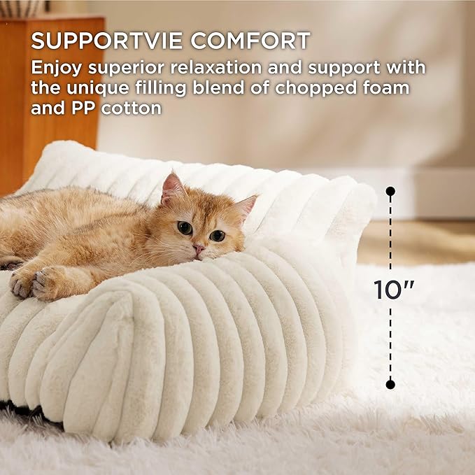 Bedsure Cute Cat Couch for Pets - Fluffy Dog Bed Small Medium Size Dog with Premium Soft Corduroy Fleece, Pet Sofa with Removable Washable Cover, Supportive Couch Bed for Small Dogs, 30inch, Cream