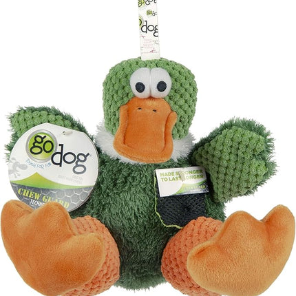 goDog Checkers Sitting Duck Squeaky Plush Dog Toy, Chew Guard Technology - Green, Large