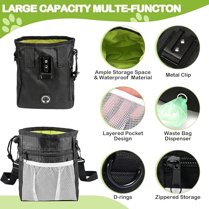 JIURUN Dog Treat Pouch for Pet Training - Dog Treat Bag (Black) - Dog Training Kit, Dog Clicker for Training, Silicone Treat Bag, 2-in-1 Whistle Clicker, Collapsible Dog Bowl, 2 Dog Poop Bag