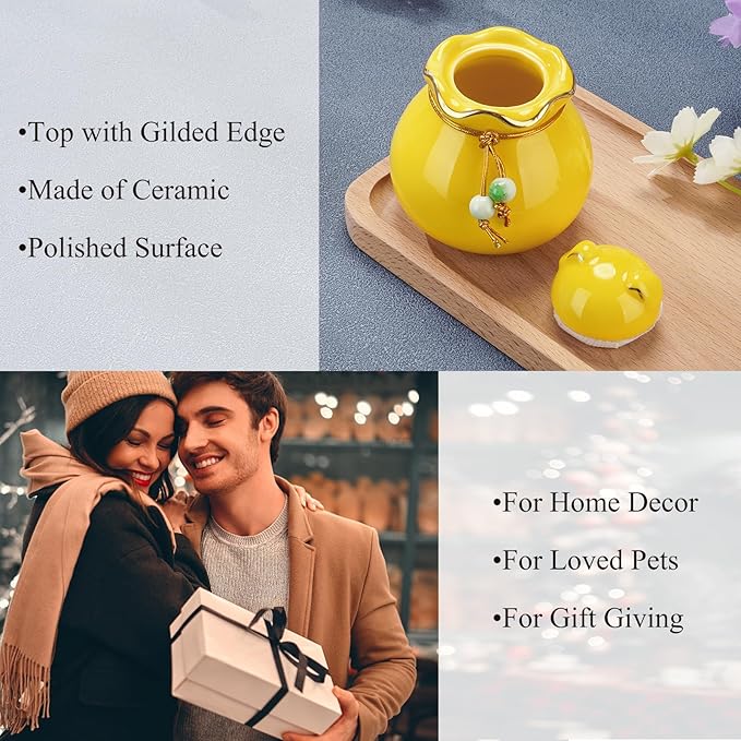 SOITIS Engraving Customized Pet Memorial Urn for Cat or Dog Ashes - 3.54"x3.15" Elegant Ceramic Keepsake Holder with Cat-Shaped Lid & Gold Trim, Small Yellow Urn for Pet Ashes