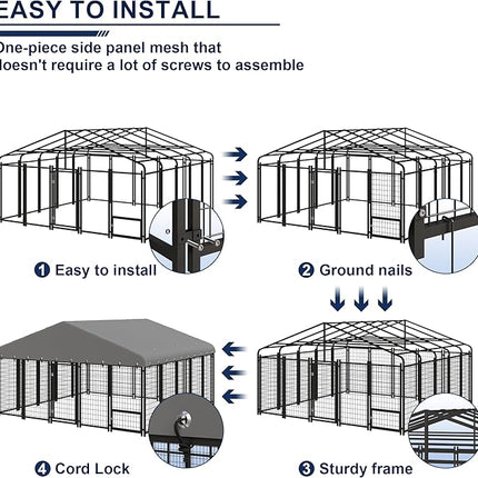 Large Dog Kennel Outside Heavy-Duty Outdoor Dog Cage with Roof and Double Lock - Spacious, Dog Crate for Pets with Feeding, 120"X117"