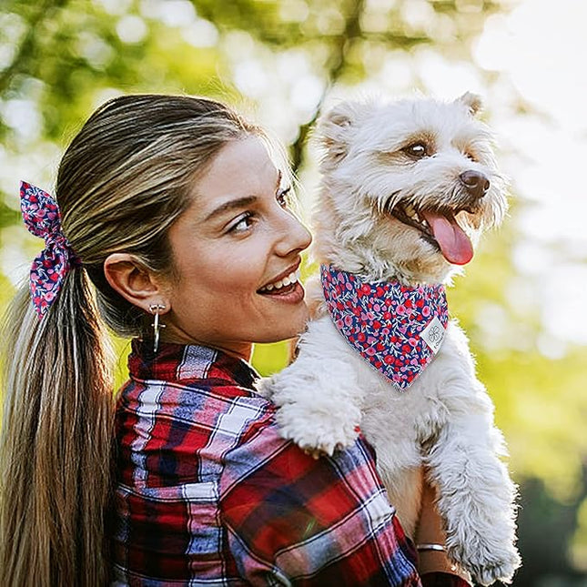 E-Clover Cute Girl Dog Bandanas & Matching Scrunchie Set Heart Dog Bandana Scarf with Bow Hair Ties for Small Puppy Dogs Pet Owner Mom Gifts Pink Floral