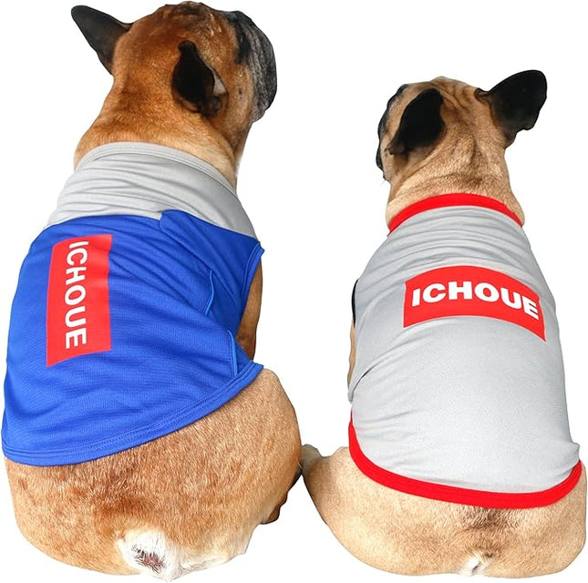 iChoue 2pcs French Bulldog Summer Cooling Shirt for Dogs UV Sun Protection Vest Sleeveless Breathable Tank Top English Pug Blue Grey Red Grey - Large