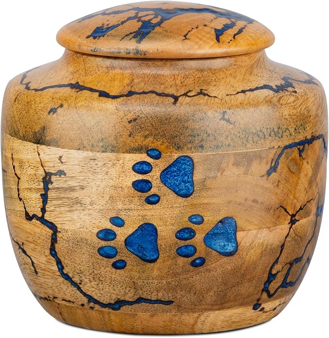 INTAJ Wooden Pet Urns for Dogs/Cats Ashes - Blue Resin Paws & Lichtenburg Design - Keepsake Cremation Urn Box, Pet Memorial Wooden Urns for Ashes, Small to Large Sizes (Odyssey, Large)