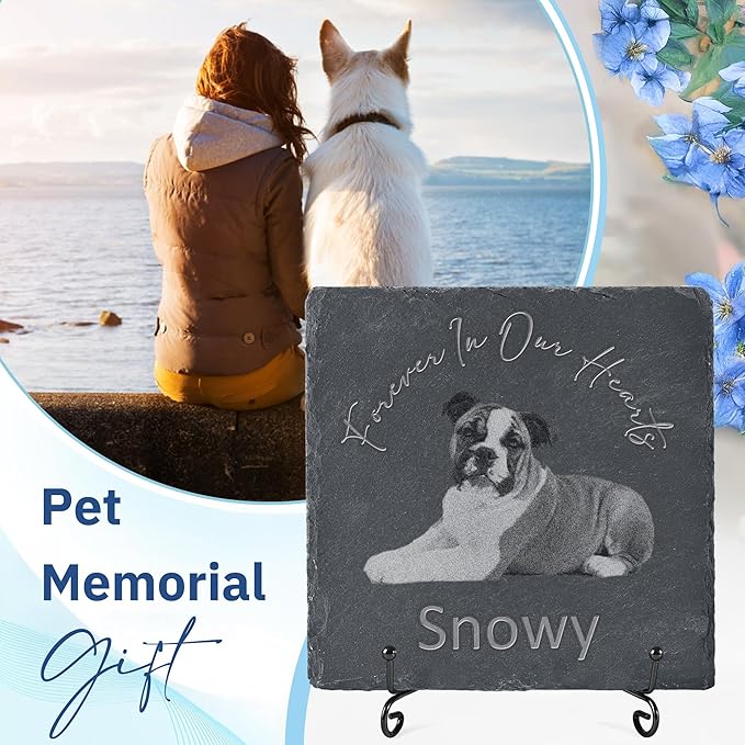 Pet Memorial Stone with Photo, Dog Memorial Gifts for Loss of Dog, Personalized Pet Memorial Gifts, Pet Loss Gift - Forever in Our Hearts（Square）