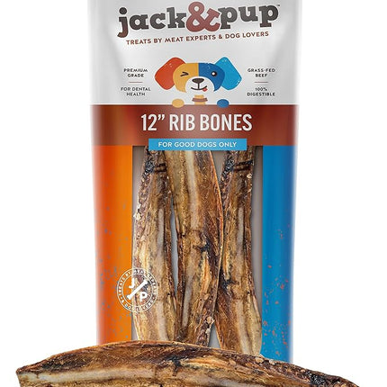 Jack&Pup 12" Rib Bones for Dogs, All Natural Dog Beef Bones, Single Ingredient Bone Marrow, Real Bone for Dogs (3 Pack)