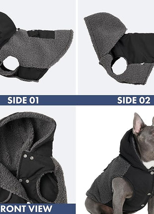 Spark Paws Reversible Fleece Dog Jacket, Hooded Sweater Vest, Warm Coat for Winter - Suitable for Small Medium Large XL XXL Dogs - Black and Grey - 2XL