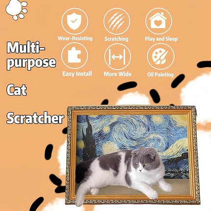 Horizontal Oil Painting Cat Scratcher & Bed - Durable Art Frame with Replaceable Art, Cat House for Indoor Cats Simple-Assembled Bed Couch Cave Condo Home Decoration(Starry Night & Gold Mountain)