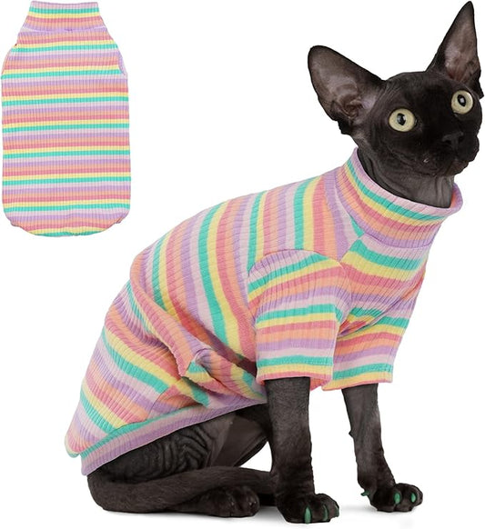 PUMYPOREITY Sphynx Cat Clothes - Soft Hairless Shirt With Sleeves, Stretchy Sweater, Pullover Pajamas Jumpsuit, Turtleneck Outfit for Sphynx Cornish Rex, Devon Rex - Rainbow, M