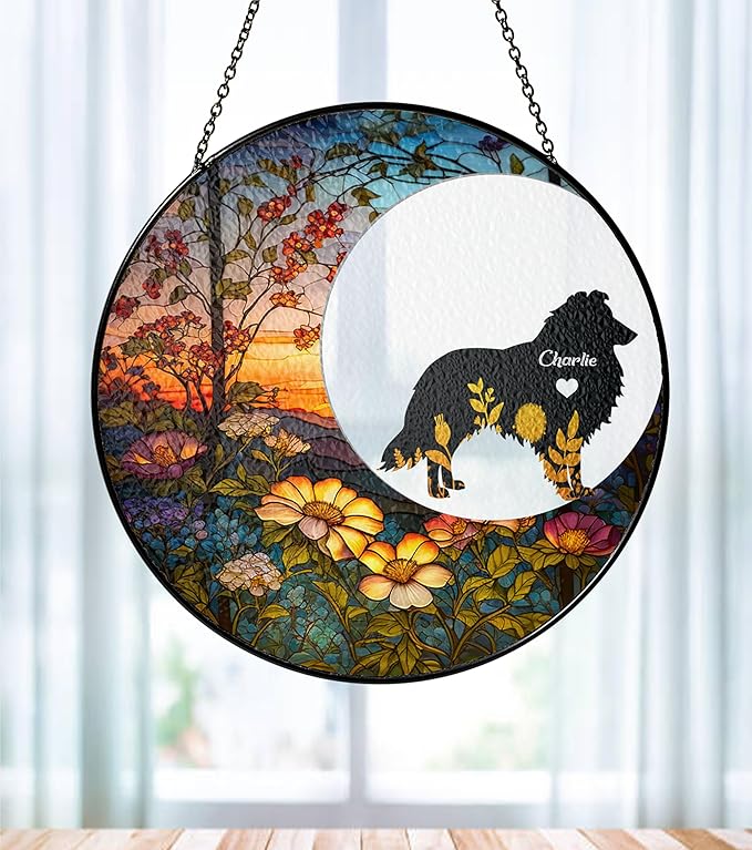 Personalized Sheltie Sheepdog Dog Memorial Suncatcher, Custom Dog Loss Gift, Steel Glass, Pet Memorial Occasion
