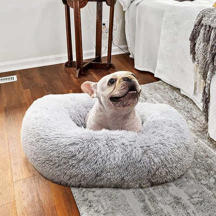 Calming Dog Bed for Small Dogs Round Fluffy Self Warming Pet BedGray Donut Cuddler pet Bed for PuppiesXS Dog Bed Washable.