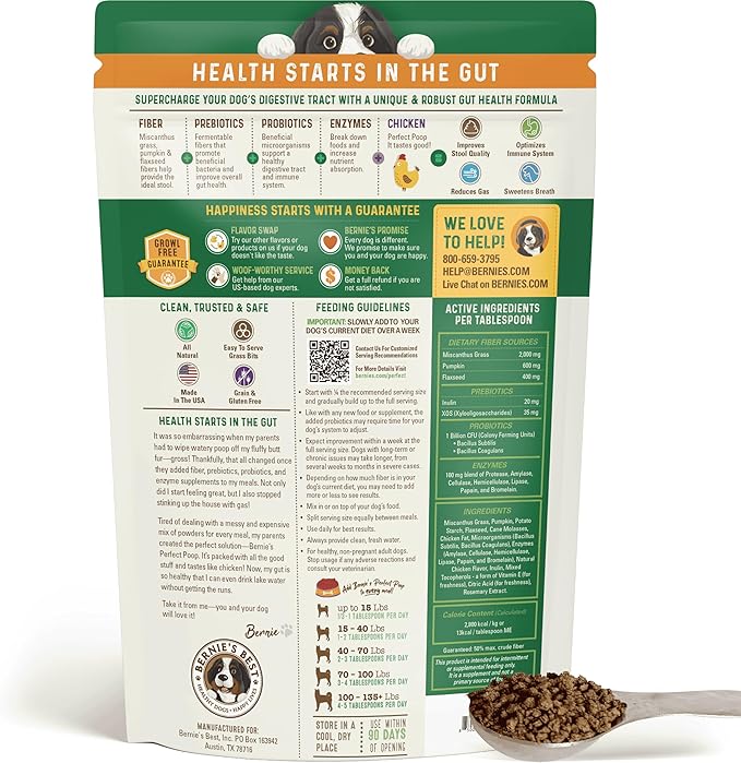 Perfect Poop Digestion & General Health Supplement for Dogs: Fiber, Prebiotics, Probiotics & Enzymes Relieve Digestive Conditions, Optimize Stool, and Improve Health (Chicken, 12.8 oz)