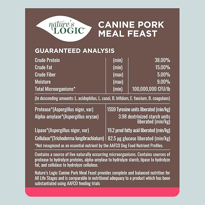 NATURE'S LOGIC Dry Dog Food - 100% Natural - No Synthetics - for All Ages, Sizes, Breeds - Free from Common Allergens, High Protein - Pork Meal Feast, 13lbs